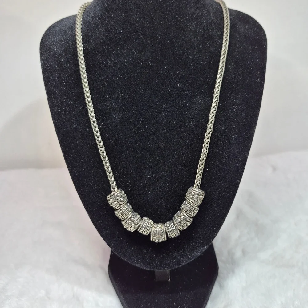 Silver Tone Ornate Filigree Barrel Bead Wheat Chain Necklace‎ 18 Inch Boho Style